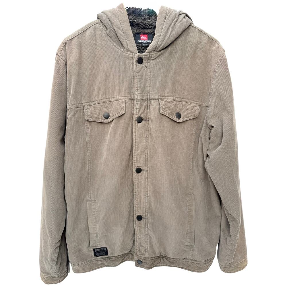 Quiksilver Mens Corduroy Jacket Tan Sherpa Lined Hooded Large